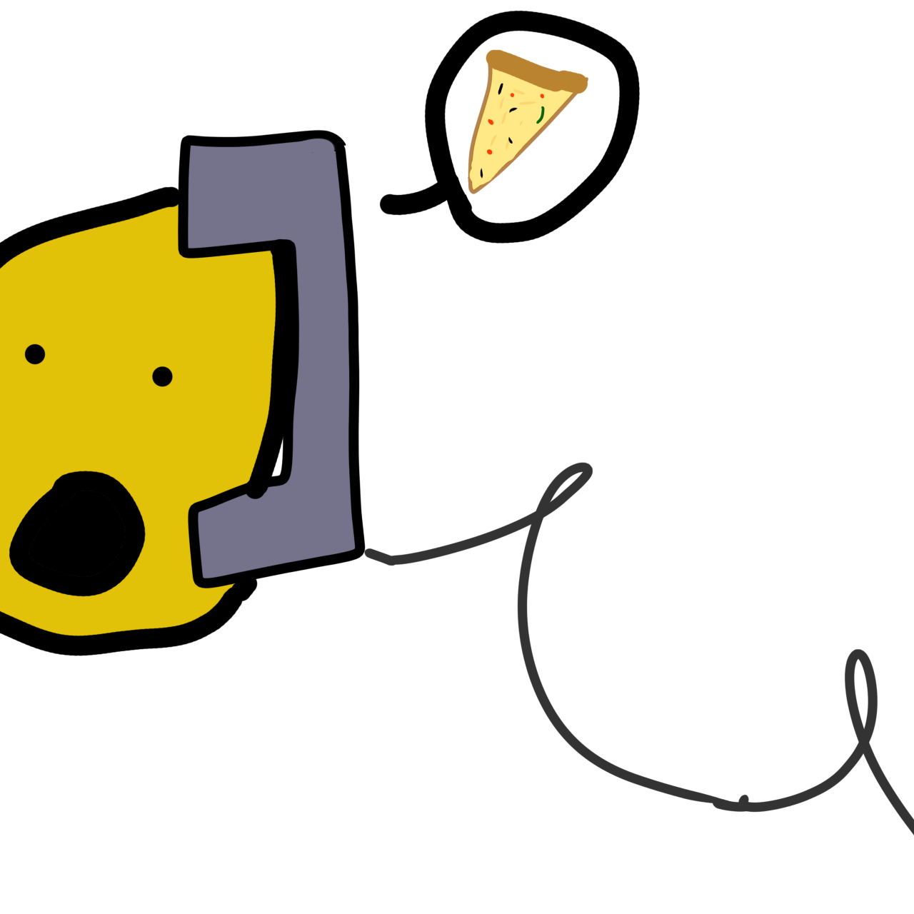  a simple yellow emoji person holding a grey landline phone with a curly cord to the side of their head, where their ear would be in a realistic style. There’s a speech bubble coming from them that shows a slice of pizza. 